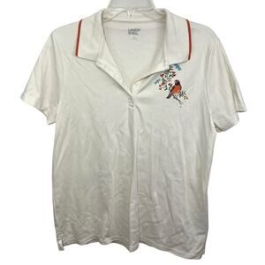 Lands' End Polo Shirt Womens Large Bird White Orange Cotton Preppy Whimsical